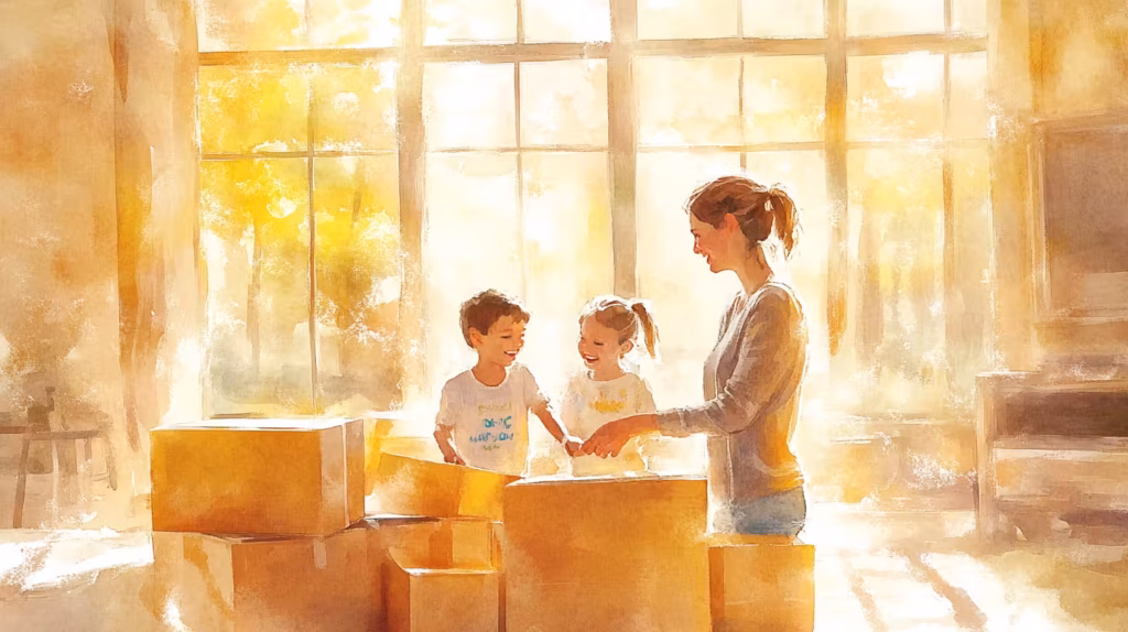 Mom unpacking boxes with kids