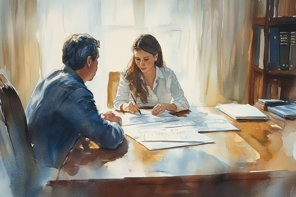 a man and woman sitting at a table with papers