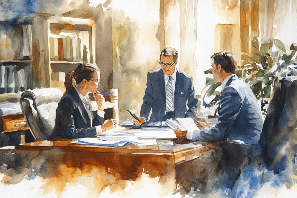 a watercolor of a group of people sitting at a table