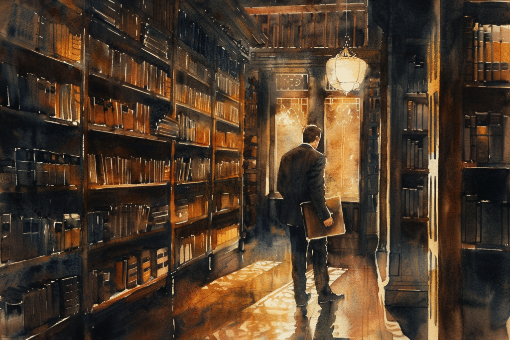 a watercolor of a man in a library