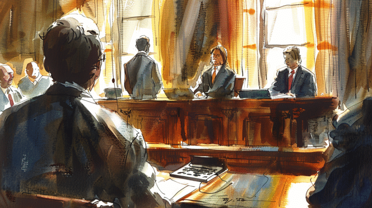 a group of people sitting in a courtroom