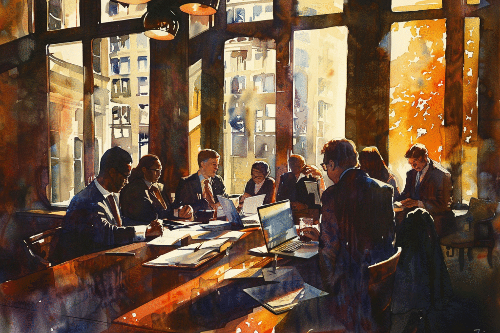 a group of people sitting around a table