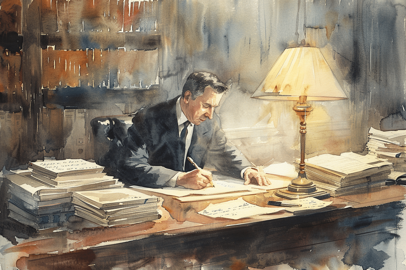 a watercolor of a man writing on a paper