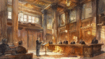 a watercolor of a court room with a man standing in front of a podium