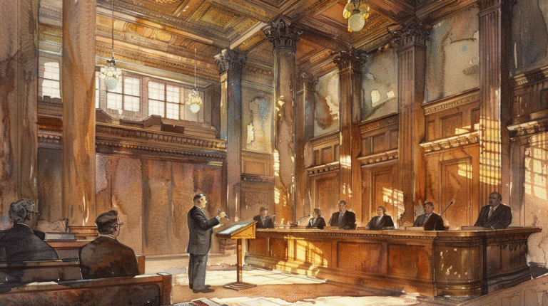 a watercolor of a court room with a man standing in front of a podium