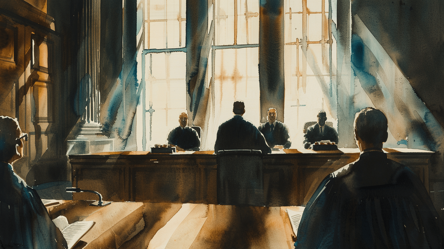 a group of people sitting at a table in a courtroom