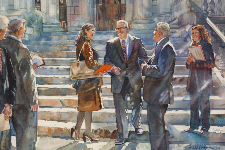 a watercolor of a group of people shaking hands