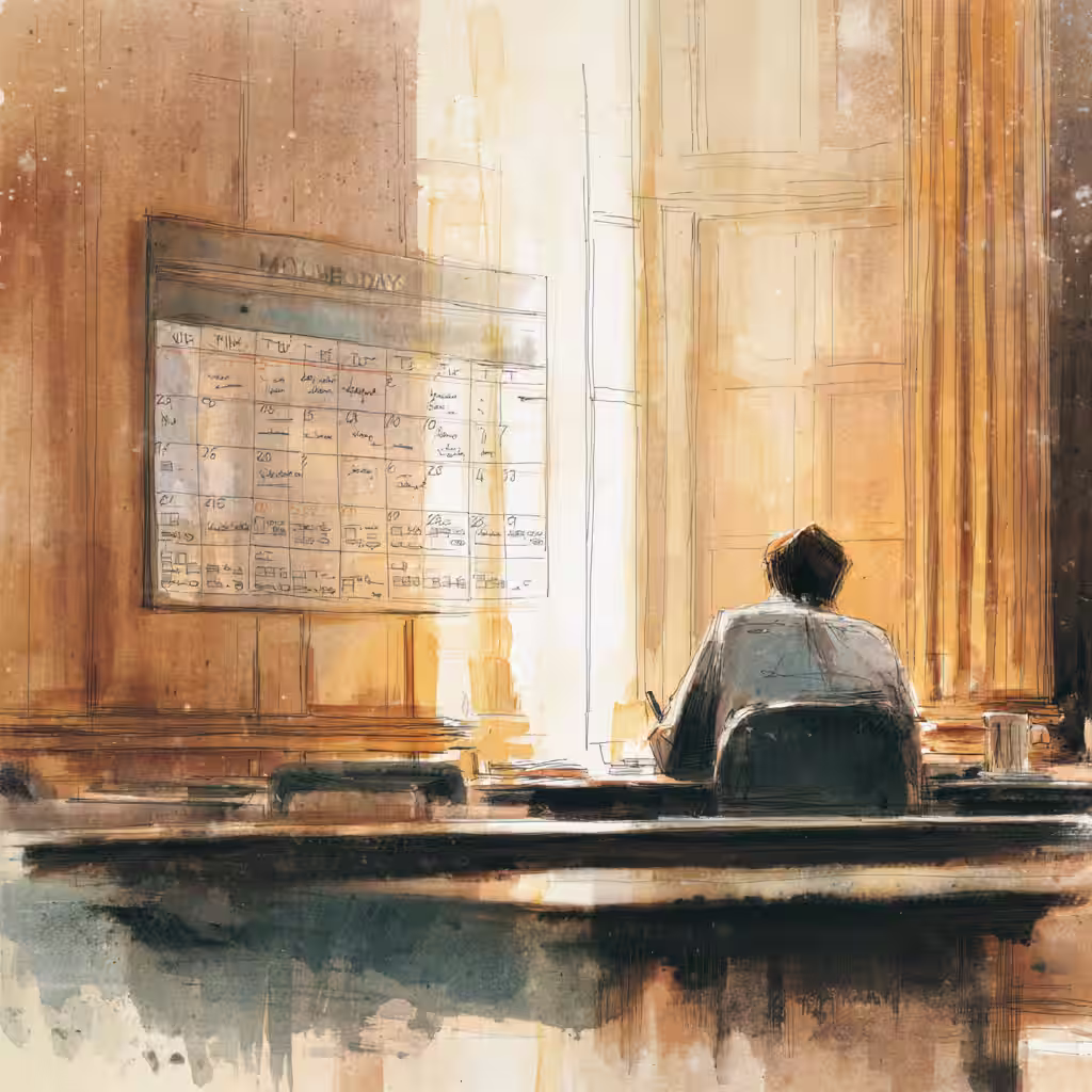 Person writing at a calendar desk.