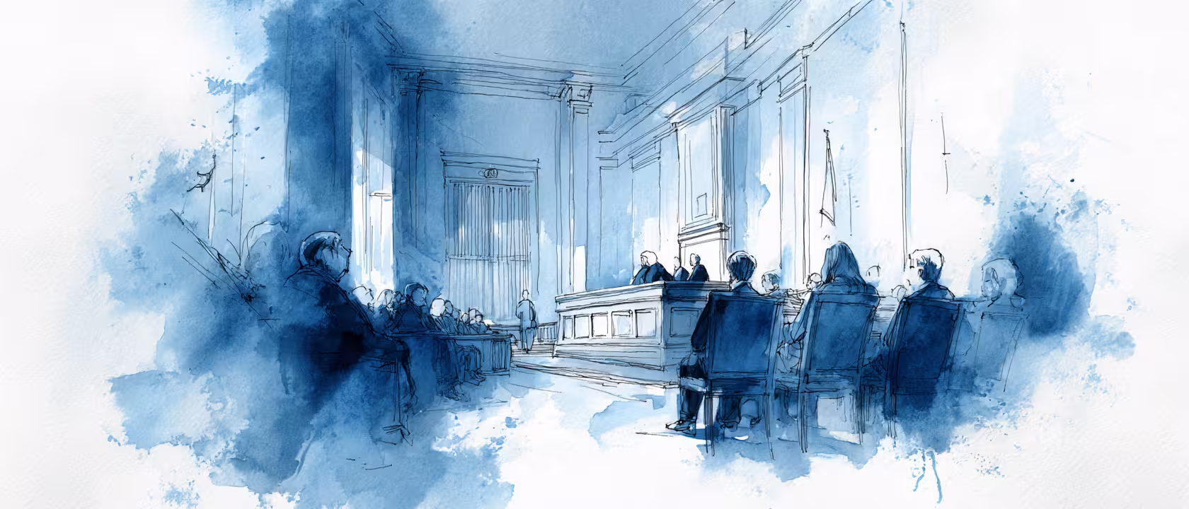 blue watercolor courtroom hearing with seated jury and solemn light