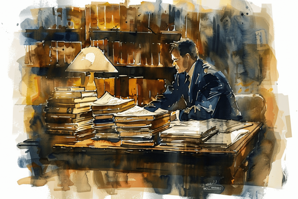 Attorney studying legal documents at desk.