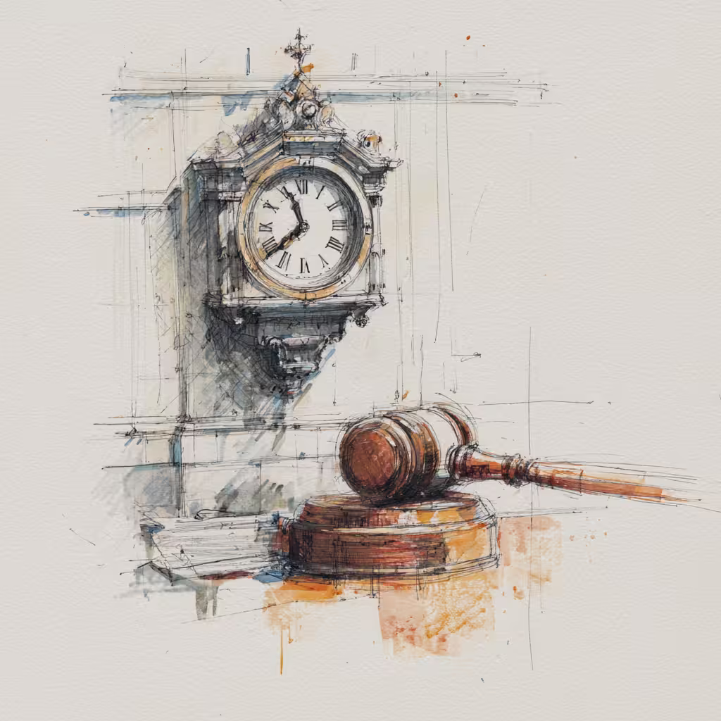 Clock and gavel in courtroom setting