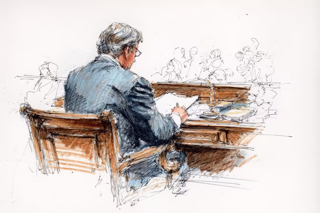 Judge seated at courtroom bench sketch.