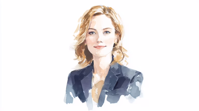 minimalist watercolor portrait in dark blazer on white background