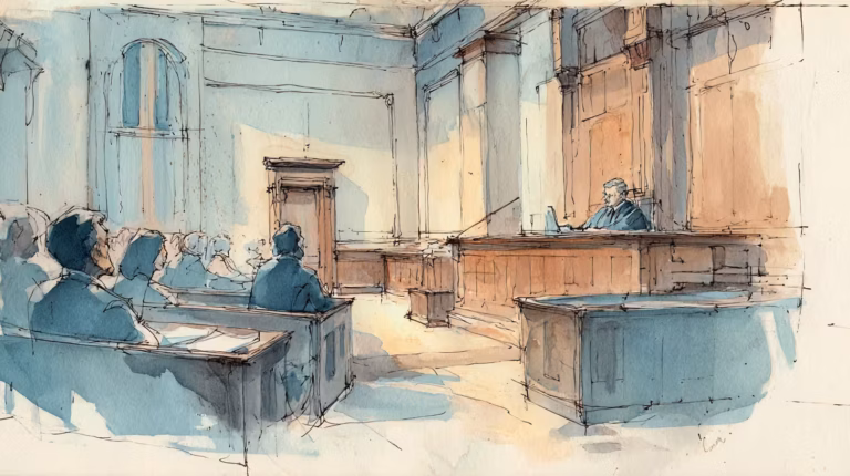 sunlit courtroom sketch with judge and jury somber mood