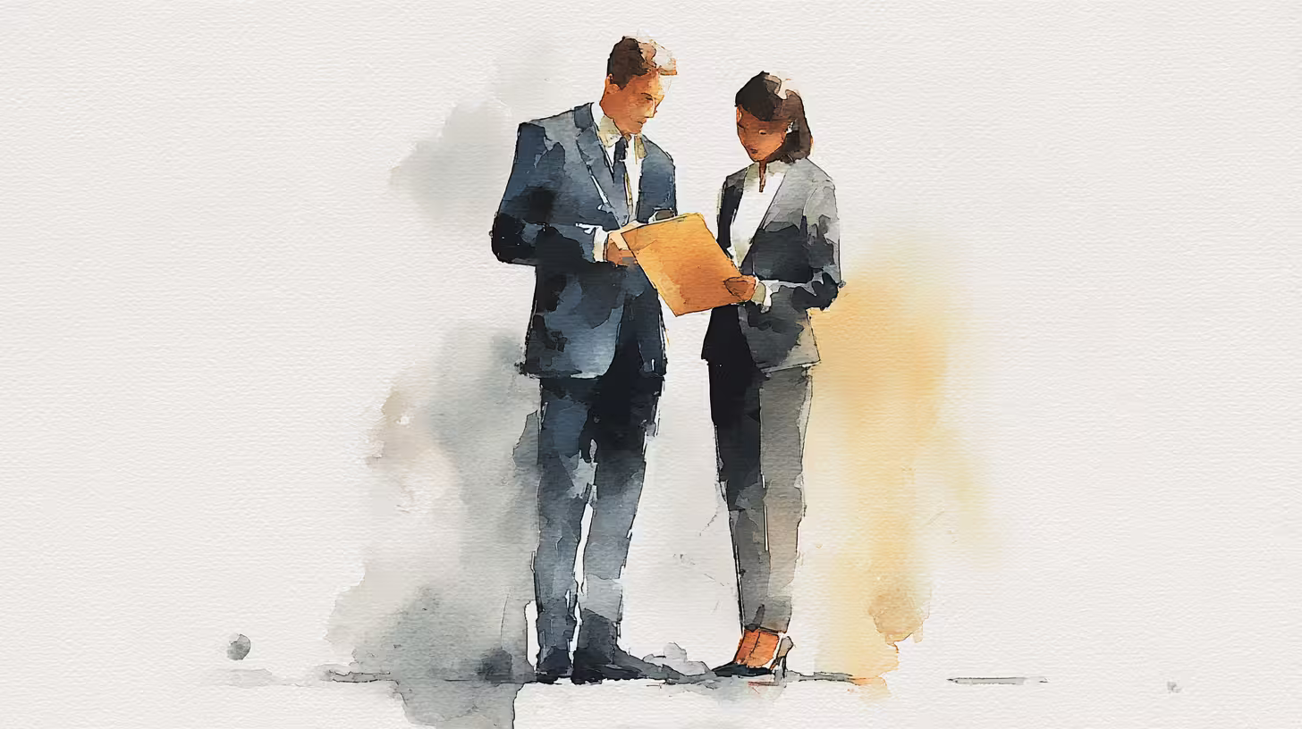 watercolor business colleagues reviewing document in soft neutral lighting