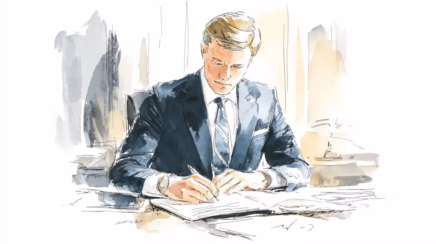 watercolor appellate attorney in suit at desk soft morning light