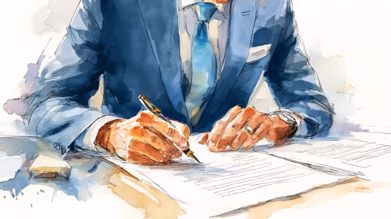 watercolor businessman signing contract at desk in soft daylight