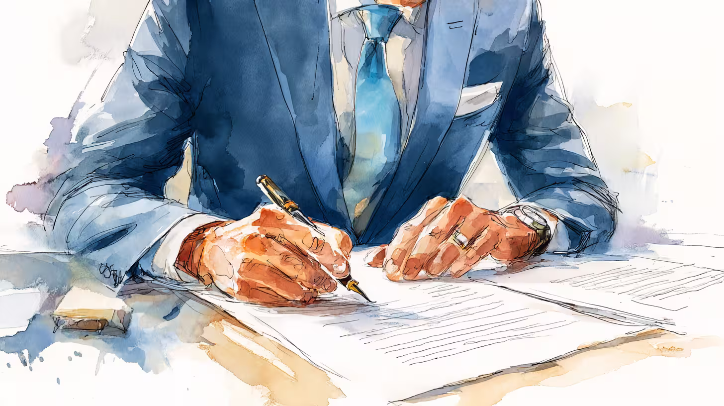 watercolor businessman signing contract at desk in soft daylight