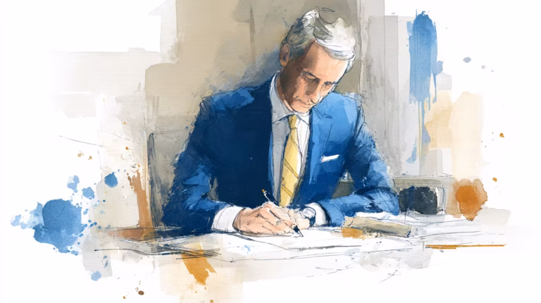 watercolor businessman signing documents at office desk soft lighting