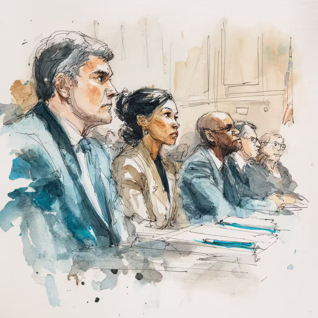 watercolor courtroom scene with solemn figures under soft light
