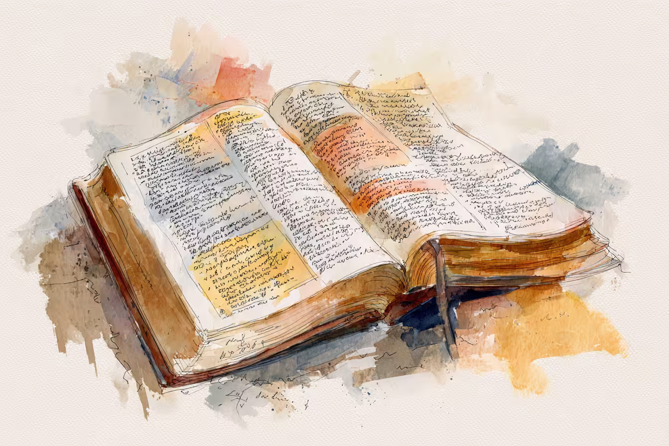 Open book with handwritten notes.