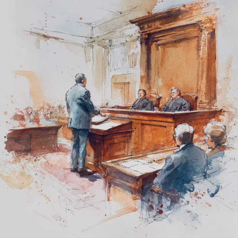 Lawyer presenting in courtroom setting.