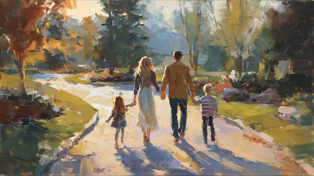 family walking sunlit park path in warm peaceful light
