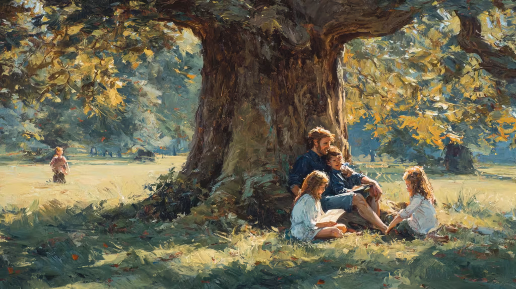 serene family reading under ancient oak in sunlit meadow