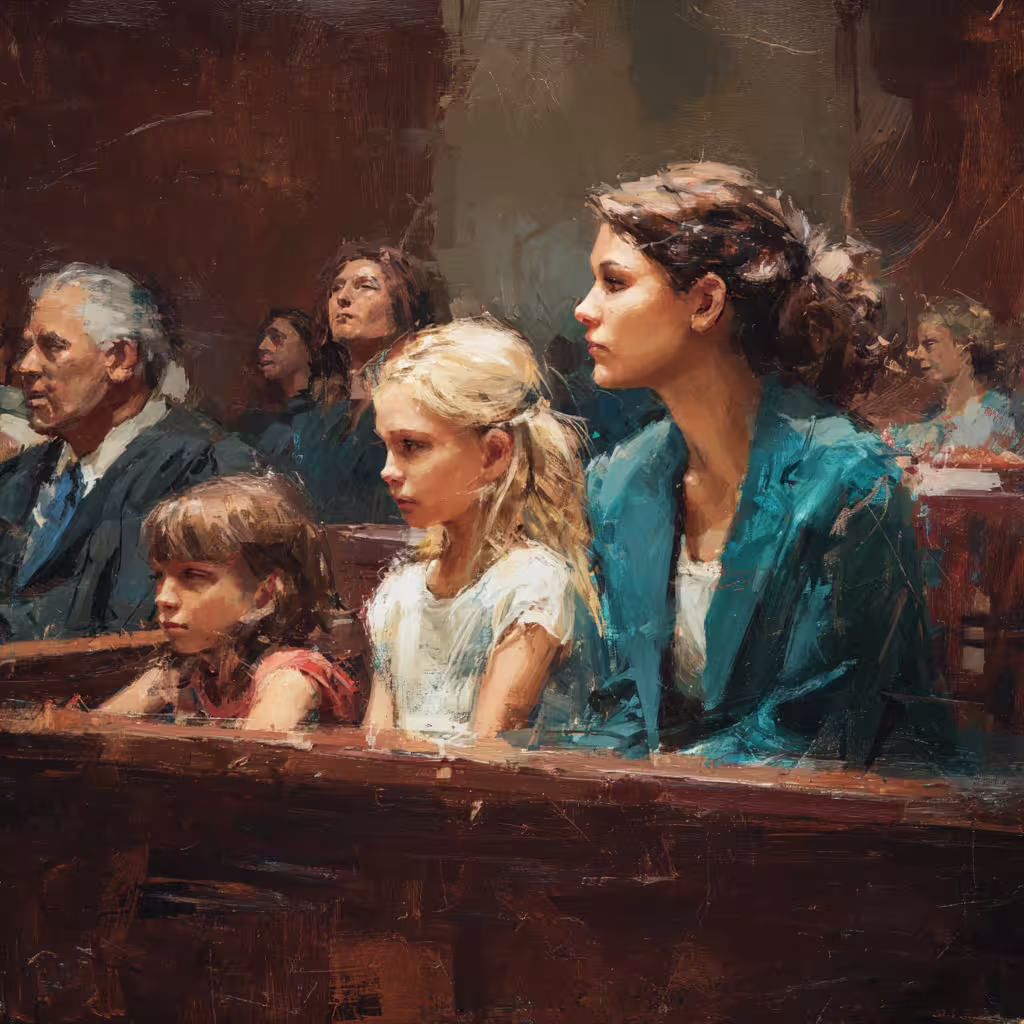 A somber courtroom scene with mother and children.