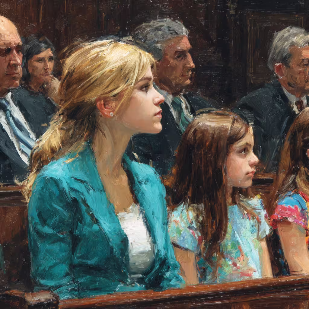 tense courtroom audience listening under warm dim wood paneled lighting
