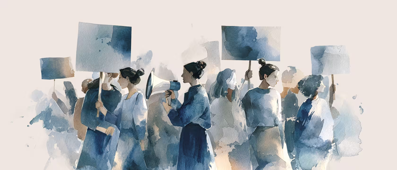 watercolor protesters holding signs in soft daylight calm mood