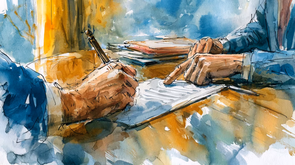 closeup hands writing documents at desk in warm light calm