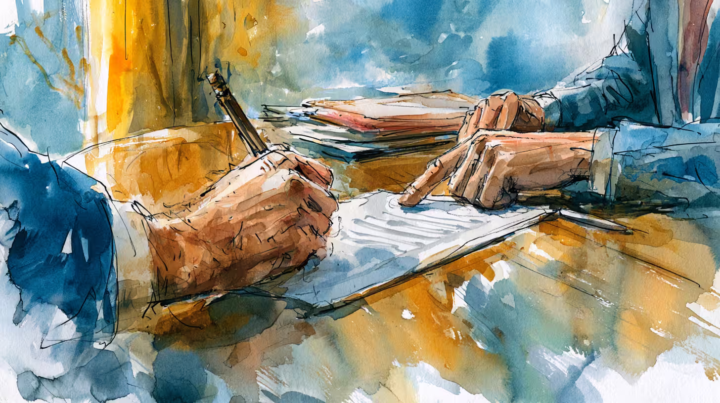 closeup hands writing documents at desk in warm light calm