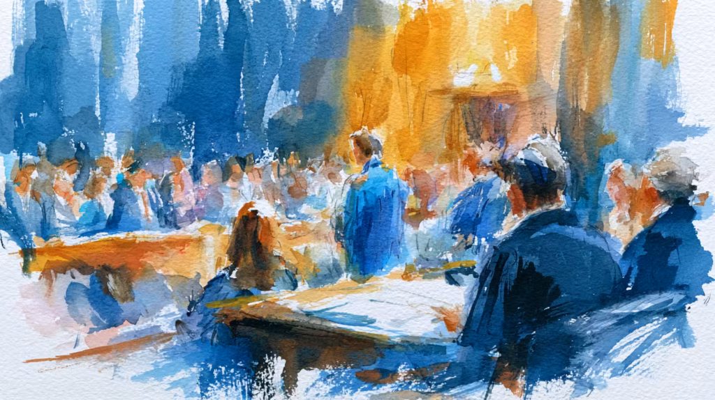 crowded cafe interior watercolor warm afternoon light lively mood