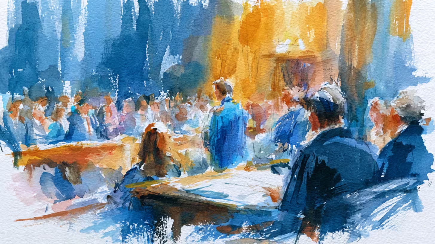 crowded cafe interior watercolor warm afternoon light lively mood