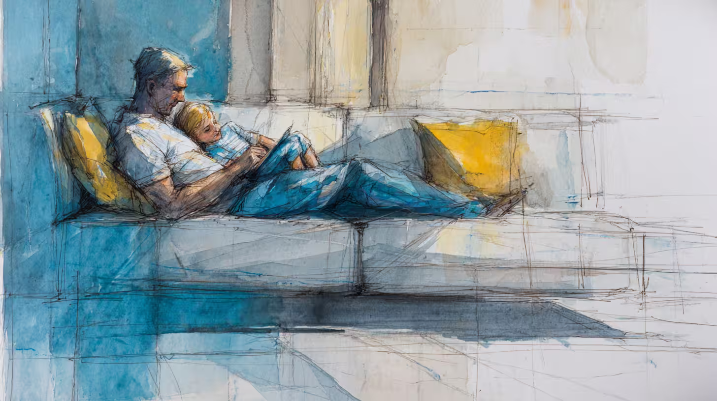 father and child cuddling on sofa in soft sunlight calm