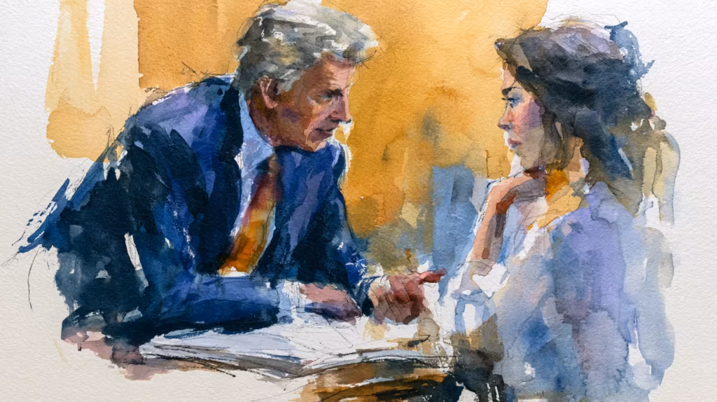 intense business negotiation in warmly lit office watercolor illustration