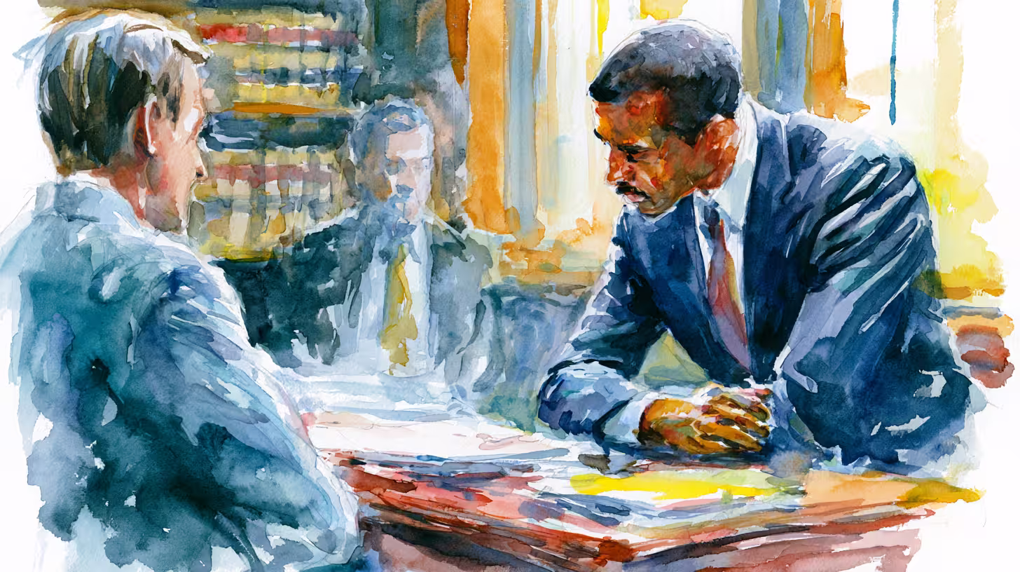 intense businessmen meeting in sunlit office watercolor illustration mood