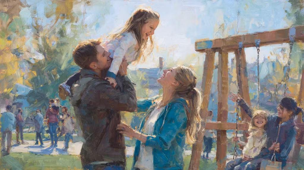 joyful family playing at sunlit park playground warm afternoon