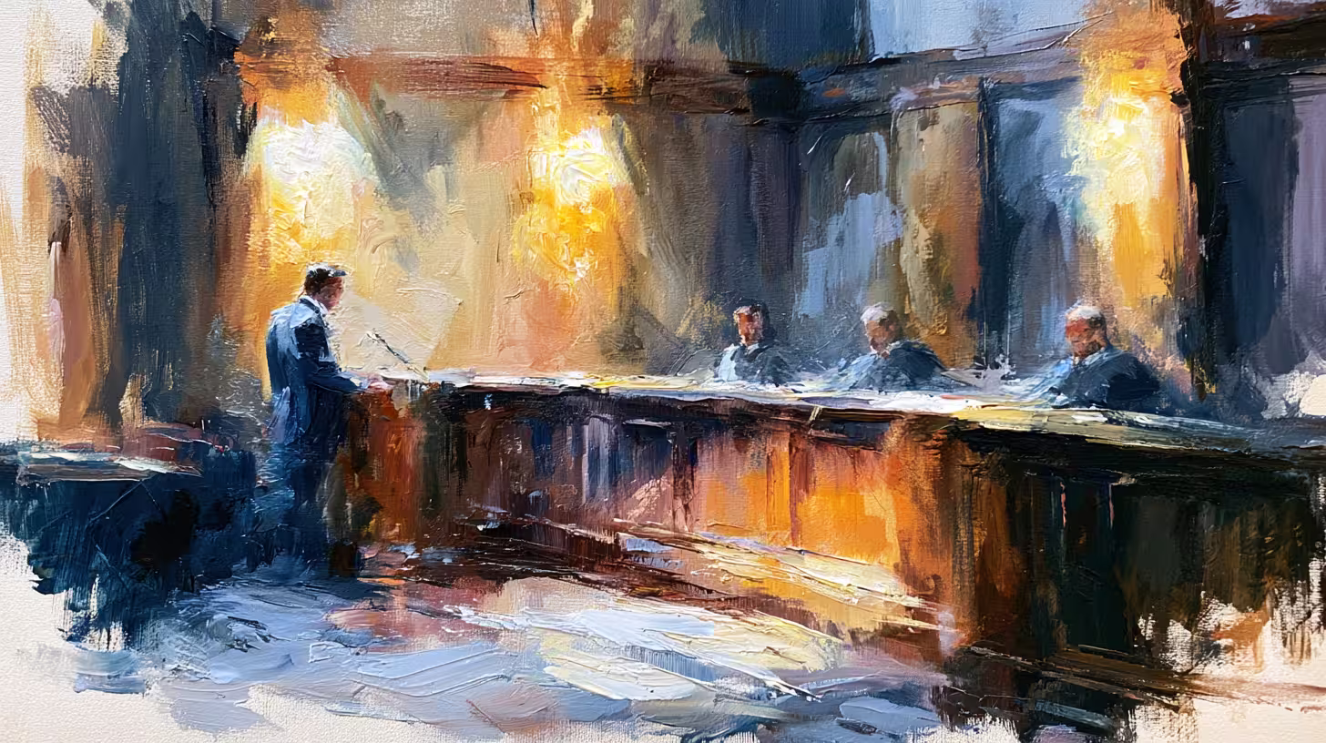 lawyer addressing judges in warmly lit courtroom dramatic mood