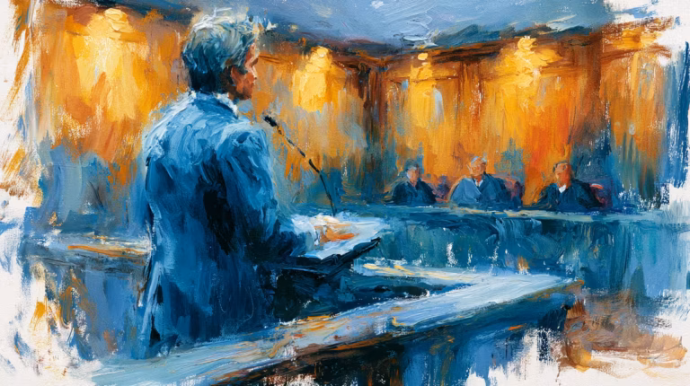 lawyer addressing judges in warmly lit courtroom moody painting