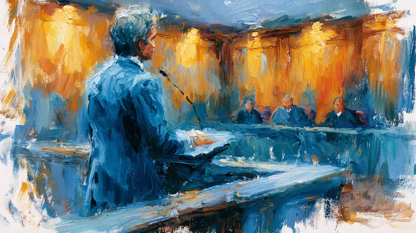lawyer addressing judges in warmly lit courtroom moody painting