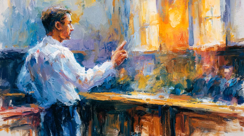man in white shirt gesturing at sunlit bar interior pensive