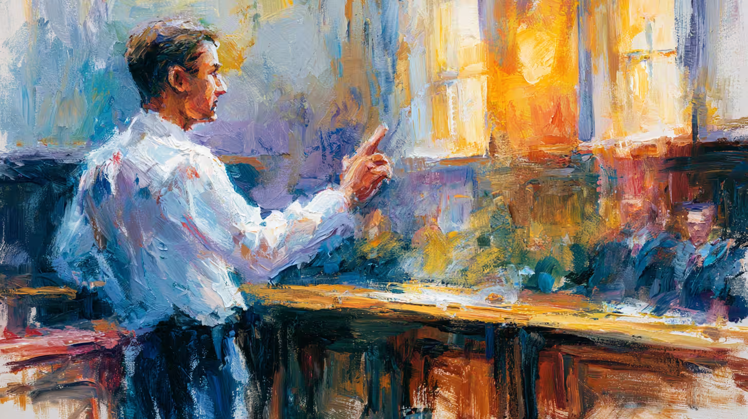 man in white shirt gesturing at sunlit bar interior pensive