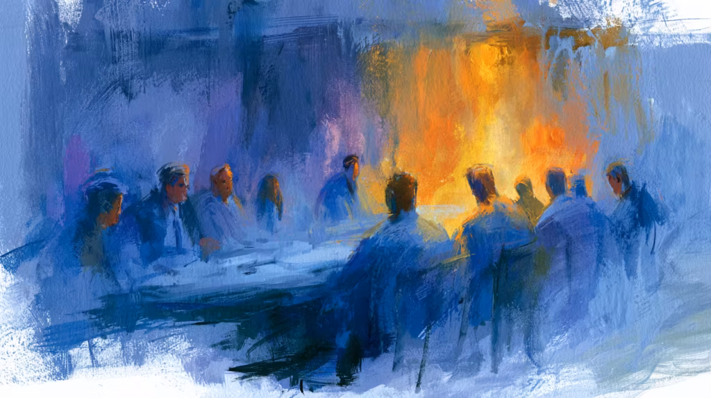 moody abstract boardroom meeting glowing firelight in cool blue night