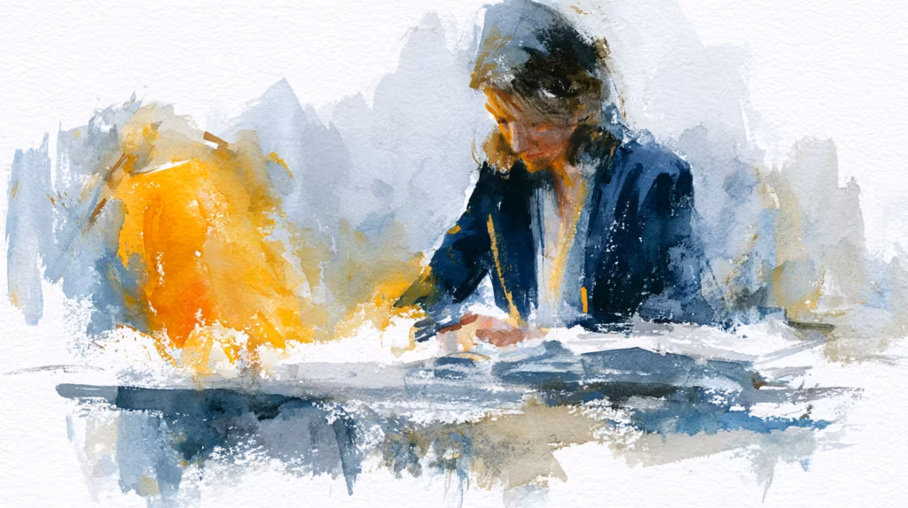 moody watercolor businesswoman writing at desk in soft light