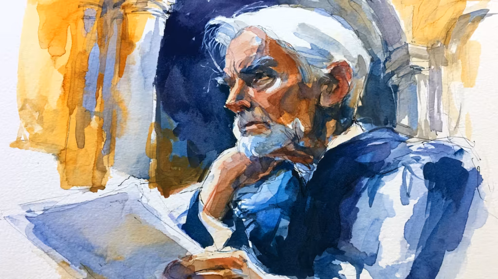 pensive elderly man reading in warm lit watercolor interior scene