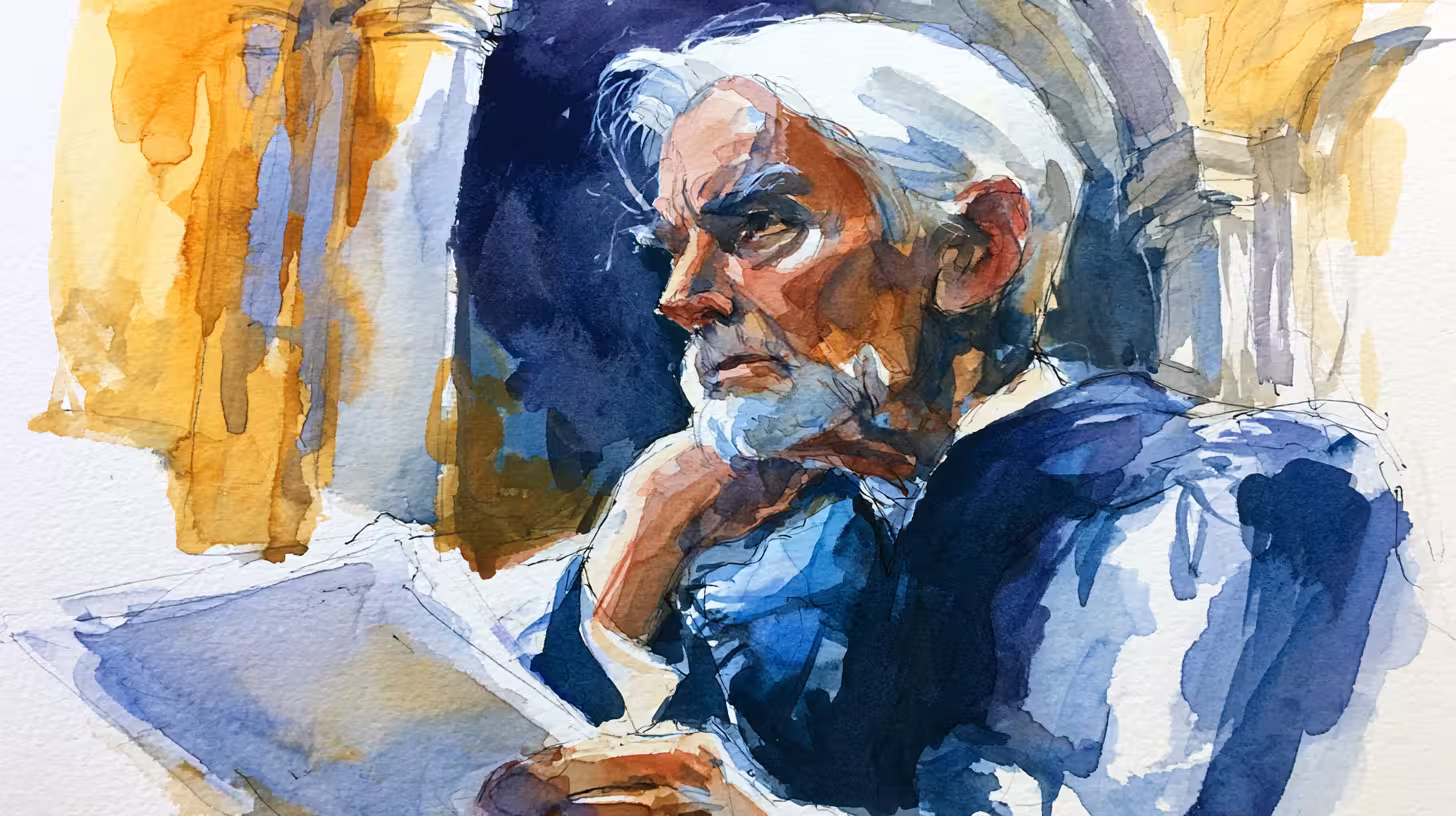 pensive elderly man reading in warm lit watercolor interior scene