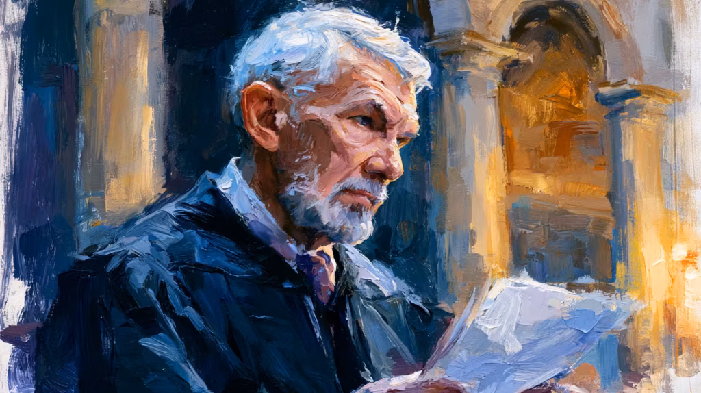 pensive elderly man reading letter in warm evening light