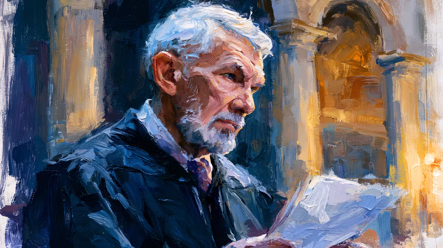 pensive elderly man reading letter in warm evening light
